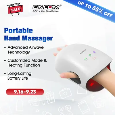 CINCOM Portable Hand Massager with Comfort Heat - Cordless, Adjustable Settings, Auto-Off, White, Black, Pink, Blue, Perfect ...