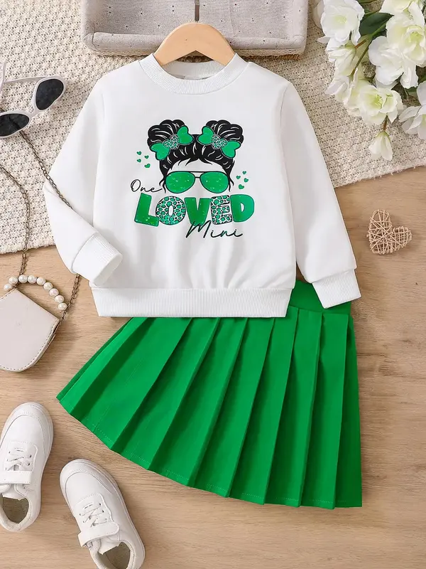 Girl's Figure & Letter Print Sweatshirt & Pleated Skirt Two-piece Set, Casual Round Neck Long Sleeve Pullover & A-line Skirt ...