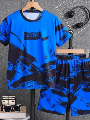 Two-Piece Set Boy's All Over Print Short Sleeve Tee & Random Print Shorts, Casual Round Neck T-shirt & Elastic Waist Track Sh...