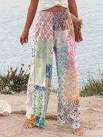 【Plus Size】Patchwork Print Plicated Shirred Wide Leg Pants, Boho Casual High Waist Wideleg Trousers for Daily Vacation Ho...