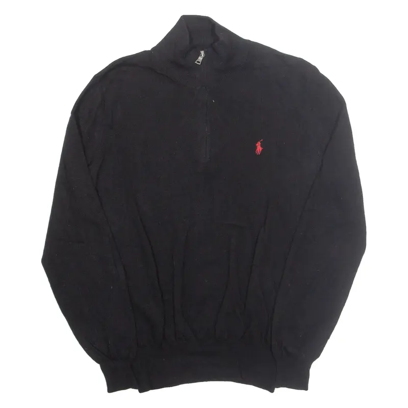 POLO RALPH LAUREN Mens Jumper Black 1/4 Zip Tight Knit Wool S