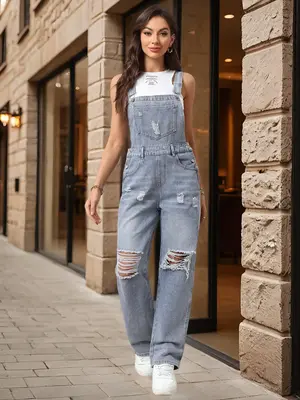 Women's Plain Ripped Straight Leg Denim Jumpsuit, Chic Casual Basic Fitted Street Vintage Sleeveless Pocket Jumpsuit for Dail...