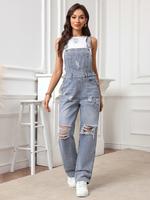 Women's Plain Ripped Straight Leg Denim Jumpsuit, Chic Casual Basic Fitted Street Vintage Sleeveless Pocket Jumpsuit for Dail...