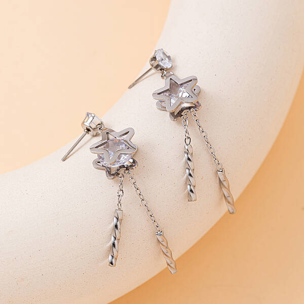 Elegant Stainless Steel & Clear Cubic Zirconia Star Tassel Stud Earrings