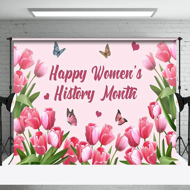 Pink Tulip Butterfly Womens History Month Backdrop - Aperturee