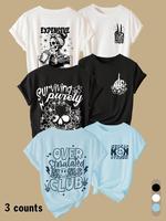 Women's Cartoon Skull & Letter Print Round Neck Vintage Graphic Tees, T Shirts for Women, Casual Short Sleeve T-shirt for Dai...