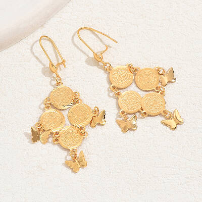 Fashionable and Elegant Gold Plated Brass Coin Tassel Dangle Earrings for Women