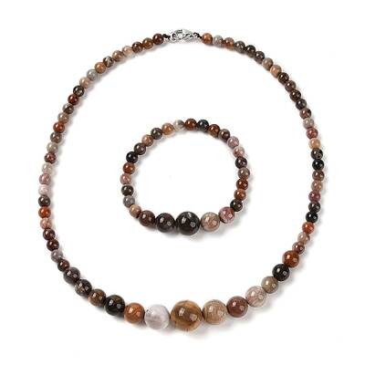 Natural Petrified Wood Round Beads Bracelets & Necklaces Sets