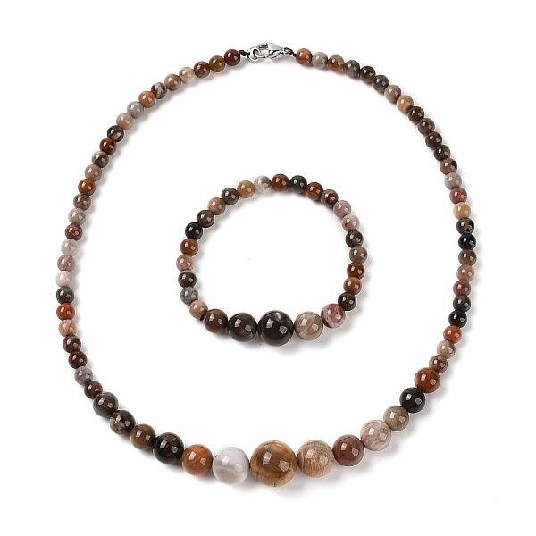 Natural Petrified Wood Round Beads Bracelets & Necklaces Sets