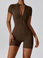 Women's Solid Color Zip Up Half Placket Mock Neck Summer Sports Skinny Romper, Casual Sport Quick Drying Short Sleeve Romper,...