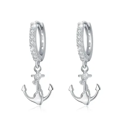 Sterling Silver Circular Shaped Cubic Zirconia Anchor Drop Earrings