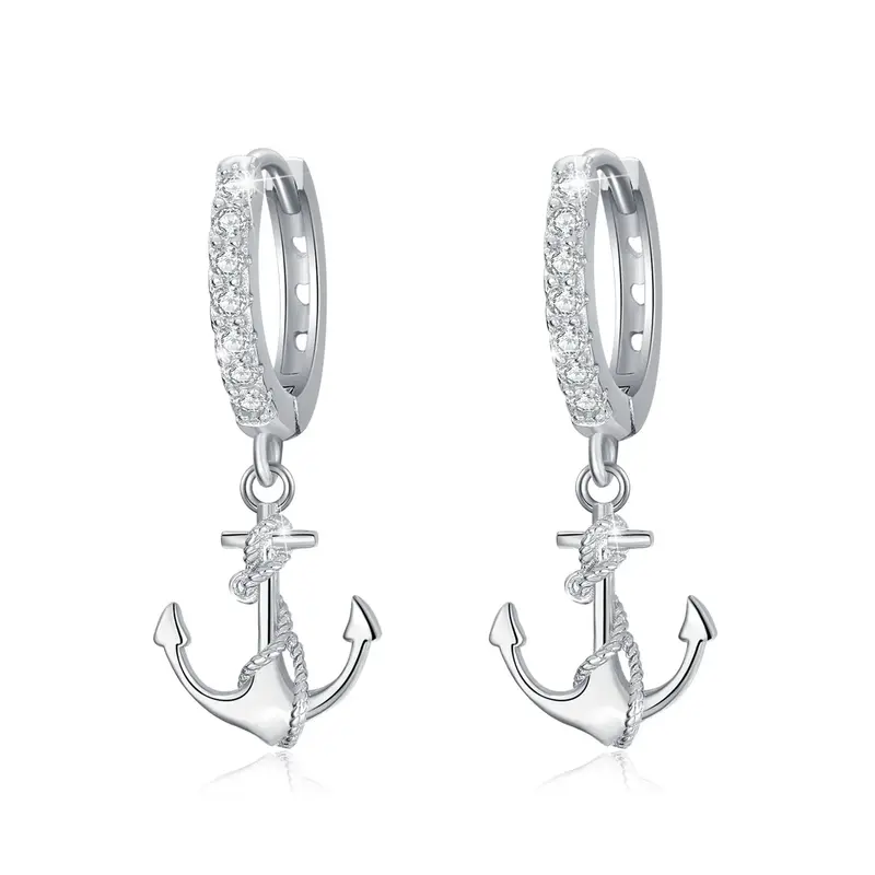 Sterling Silver Circular Shaped Cubic Zirconia Anchor Drop Earrings