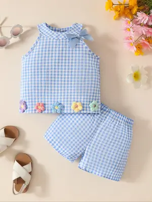 Girl's Gingham Print Tank Top & Shorts Two-piece Set, Cute Sleeveless Top & Shorts Outfit for Summer, Kids Clothes for Daily ...