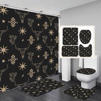 Geometric Bull Head Pattern Bathroom Accessories, 4 Counts/set Including Shower Curtain & Toilet Lid Cover & Mat & Toilet U-s...