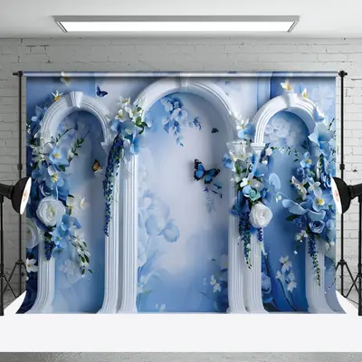 Aperturee Blue White Retro Wall Floral Fine Art Photo Backdrop