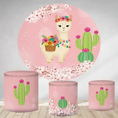 Aperturee Cute Alpaca And Cactus Round Pink Birthday Backdrop | Birthday Backdrop Ideas | Custom Round Backdrop | Round Backd...