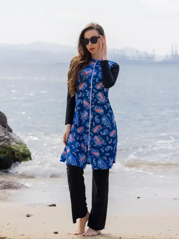 Women's Paisley/Ethnic Pattern Long Sleeve Open Front Top & Pants Islamic Swimsuit Set, Casual Zip Front Swim Top & Pants, La...