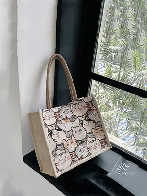 Women's Floral Pattern Canvas Tote Bag, 2025 New Trendy Embroidering Design Shoulder Bag for Work & School, Matching Shopping...