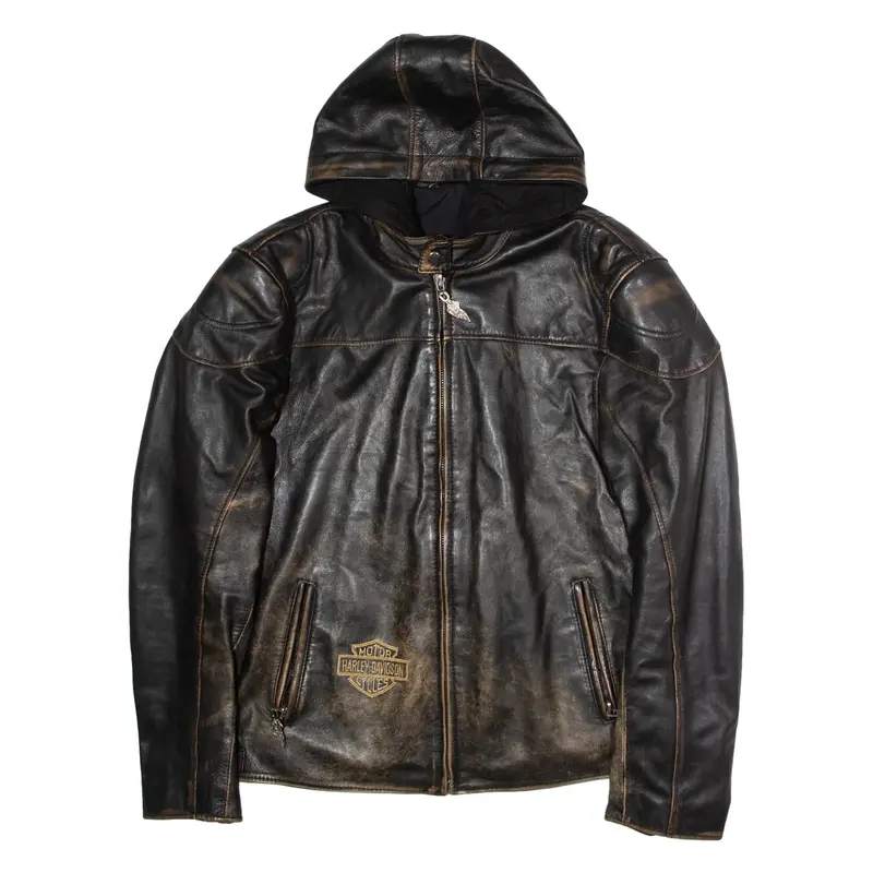 HARLEY DAVIDSON Mens Biker Jacket Black Leather Hooded L