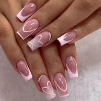 French Tip Fake Nails with Heart Decor, 24pcs/box Rhinestone Decor Fashion Press on Nails for Women & Girls Diy Nail Art, Ele...