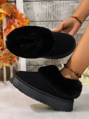 Women's Solid Color Fluffy Lined Snow Boots, Fashionable Warm & Cozy Ankle Boots for Winter, All-match Commuter Shoes for Wor...