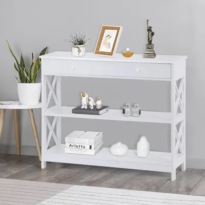 SUPERDEAL X-Design Console Table with 1 Drawer Wooden Sofa Side Table Entryway Table 2 Storage Shelves for Living Room