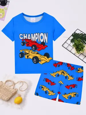 Boy's Formula Race Car Print Tee & Shorts Pajama Set, Casual Comfy Round Neck Short Sleeve T-shirt & Shorts Pajama Set, Kids ...