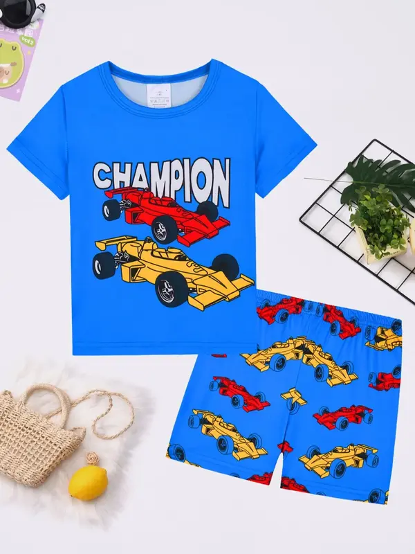Boy's Formula Race Car Print Tee & Shorts Pajama Set, Casual Comfy Round Neck Short Sleeve T-shirt & Shorts Pajama Set, Kids ...