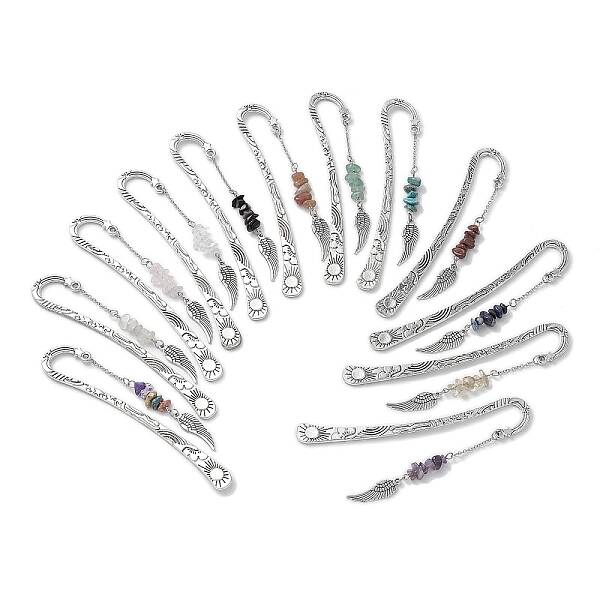 Natural Gemstone & Glass Chip Pendant Bookmark with Alloy Wing