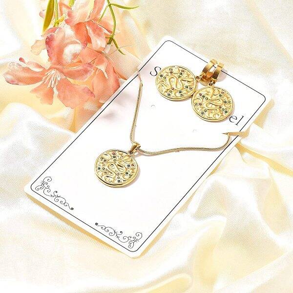 304 Stainless Steel Rhinestone Pendant Necklaces & Hoop Earring Set for Women
