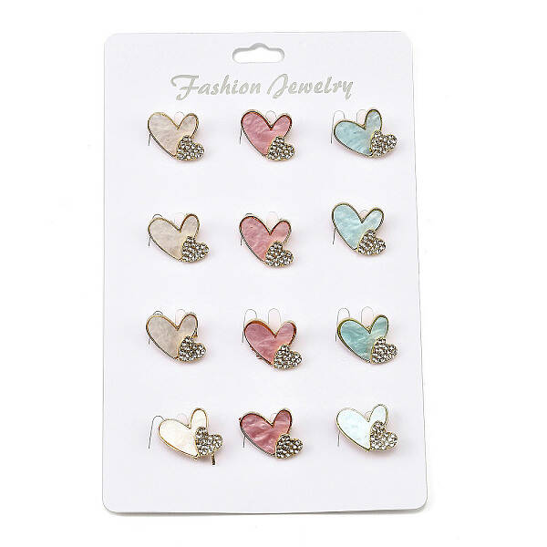 12Pcs 3 Colors Double Heart Alloy Rhinestone Brooches for Backpack Clothes