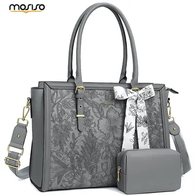 MOSISO 15.6-17.3 inch Laptop Tote Bag for Women, PU Leather Waterproof Work Bag with 3 Compartments, Padded Laptop Section, W...