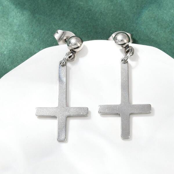 Upside Down Cross 201 Stainless Steel Dangle Stud Earrings