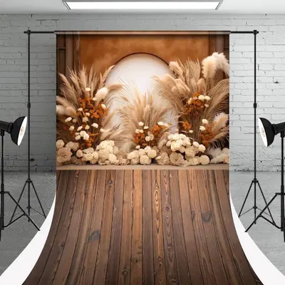 Boho Arch Floral Reed Wood Texture Floor Sweep Backdrop