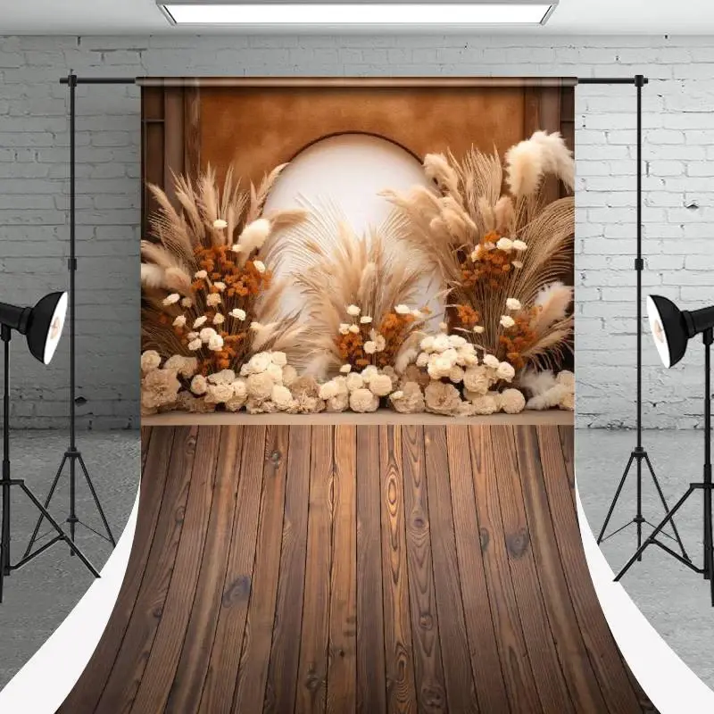 Boho Arch Floral Reed Wood Texture Floor Sweep Backdrop