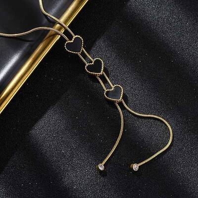 Triple Heart 304 Stainless Steel & Black Plastic Y Necklaces for Women