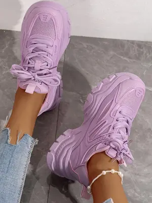 Women's Fashion Lace-up Colorblock Mesh Breathable Sneakers, Outdoor Sports Running Comfortable Platform Casual Shoes, Please...