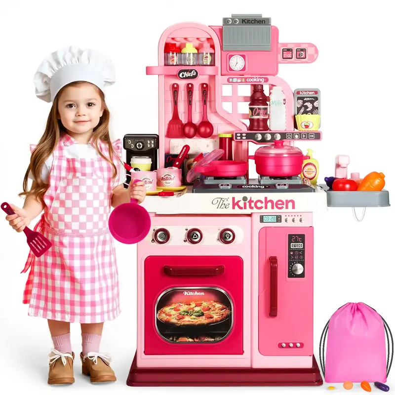 53Pcs Kids Kitchen Toy Set, 27.1 Inch Pink Toy Kitchen with Sound and Light, Kitchen Set for Kids 3+, Stove, Toy Sink and Kit...