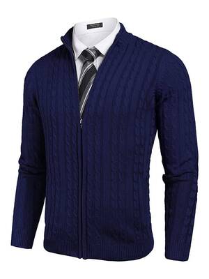 Cardigan Knitted Zip Up Sweater with Pockets (US Only), Navy Blue / S