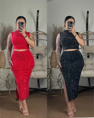 It’s Time To Celebrate Shiny Set Spandex Comfy Set for Special Occasion - High Waist Top & Skirt in Red & Black, Stretchy C...