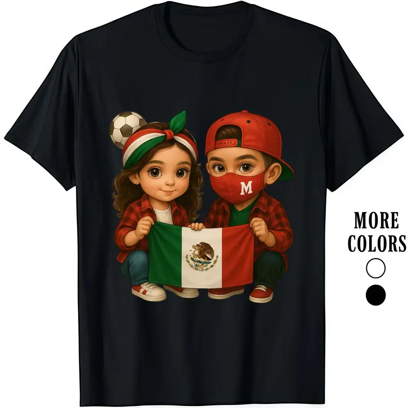 HAGBDH Fashion Designer T-Shirts - Cotton Graphic Tees with Kids Holding Mexico Flag with Soccer Ball Tee Crewneck Casual Ide...