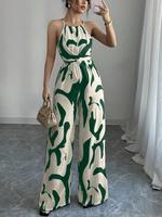 Women's All Over Print Halter Neck Jumpsuit, Casual Sleeveless Jumpsuit for Holiday Vacation Daily Wear, Ladies Clothes for S...