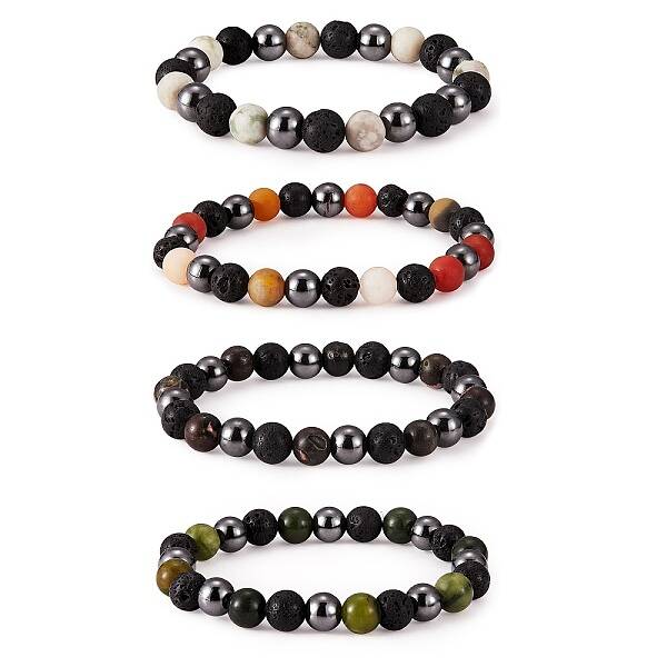 4Pcs 4 Style Natural Gemstone Round Beaded Stretch Bracelets Set