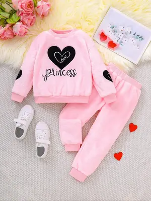 Two-Piece Set Girl's Heart Graphic Embroidery Drop Shoulder Sweatshirt & Pants Set, Cute Long Sleeve Round Neck Pullover & Tr...