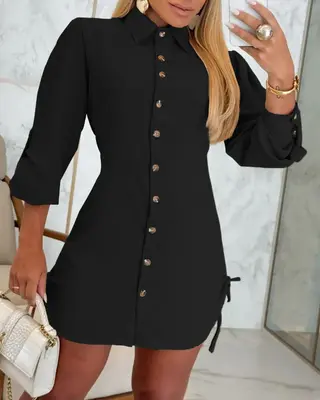 Women Shirt Dress Long Sleeve Button Down Blouses Side Drawstring Mini Dresses