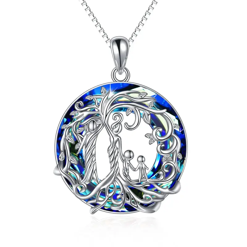 Sterling Silver Blue Crystal Tree Of Life With Mother With Daughter Pendant Necklace For Women