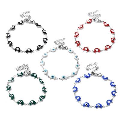 Moon with Evil Eye Enamel Link Chain Bracelet