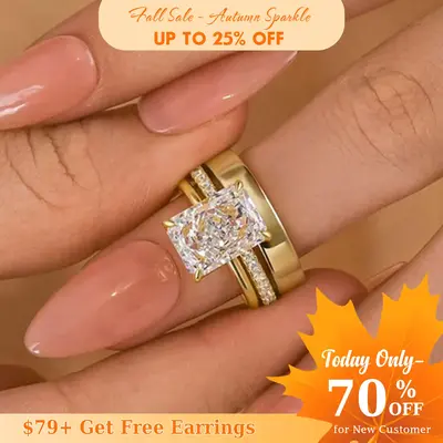 Effinny 4.0ct Radiant Cut 3PC Wedding Ring Set, 5A Cubic Zirconia Golden Bridal Ring Set, 925 Sterling Silver Anniversary Rin...