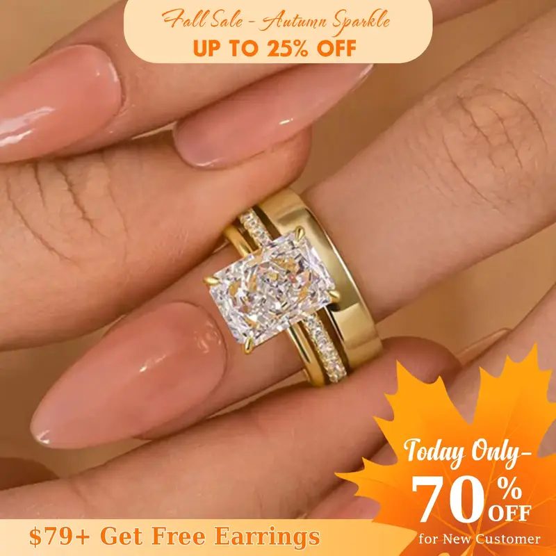 Effinny 4.0ct Radiant Cut 3PC Wedding Ring Set, 5A Cubic Zirconia Golden Bridal Ring Set, 925 Sterling Silver Anniversary Rin...