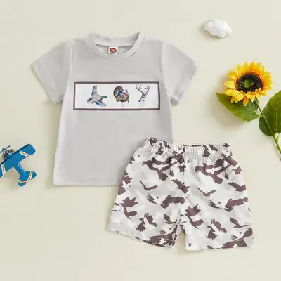 Baby Toddler Boy Shorts Set Short Sleeve T-shirts Duck Print Elastic Waist Shorts Farm Clothes 2 Piece Summer Set